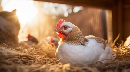 Healthy white hen chicken near freshly laid eggs in hay in a rustic barn under warm sunlight.