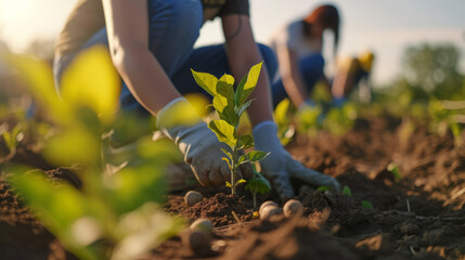 Naklejka premium Close up Volunteers plant young trees in an empty area. Landscaping concept