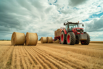 Loading round hay bales in a tracktor. Farmer with a tractor loading a trailer with straw bales - Powered by Adobe