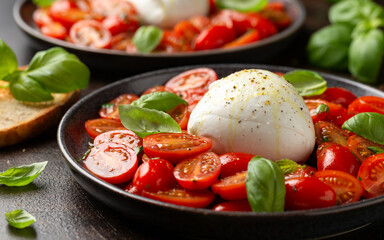 Tomato Burrata salad with herbs and basil. Healthy food