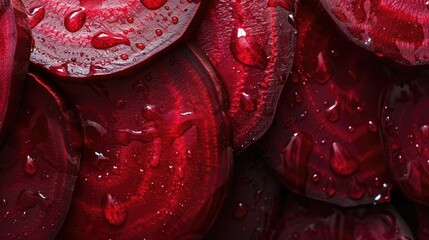 Fresh beetroot slices close up with water drops.