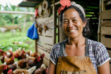 Happy farm Balinese woman owner on the street among her chickens. Small business farming concept
