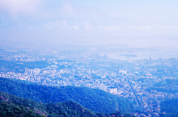Aerial view of Rio with Corcovado Mountain, Sugarloaf Mountain and Guanabara Bay - Rio de Janeiro,...