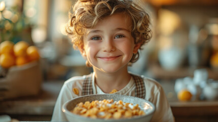 Portrait of smiling caucasian boy in front of bowl full of cornflakes with milk and citrus fruits in background.