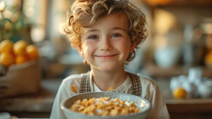 Foto op Canvas Portrait of smiling caucasian boy in front of bowl full of cornflakes with milk and citrus fruits in background. © lensofcolors