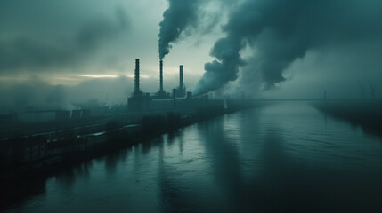 Fototapeta premium Aerial view of high smoke stack with smoke emission. Plant pipes pollute atmosphere. Industrial factory pollution, smokestack exhaust gases. Industry zone, thick smoke plumes. Climate change, ecology