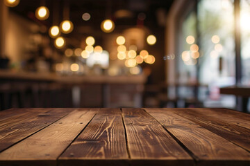 Closeup of weathered wooden table, cafe and bar on background