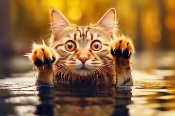 Funny bengal cat in the water with raised paws and a surprised look looking at the camera