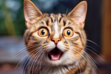 Portrait of a cat with a surprised look and open mouth, close-up
