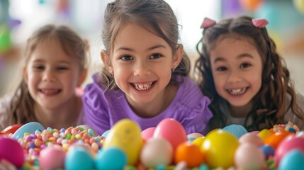Fototapeta na wymiar Happy faces of kids as they discover Easter surprises inside creatively designed, oversized Easter eggs