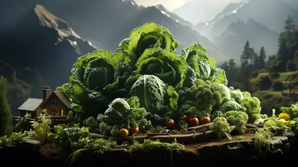 Foto op Canvas A picturesque composition with an oversized cabbage and various vegetables dominating the foreground, with a miniature house and alpine background, creating a fantasy-like rural scene.AI generated. © Czintos Ödön