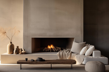 Minimal living room in earth colors, with a large fireplace. With blank empty space above fireplace