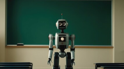 A robot teacher at school on the background of a blackboard. Copy space. A futuristic future.