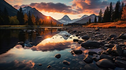 sunset over the river Ai generative HD 8K wallpaper Stock Photographic Image. sunrise over the mountains and river 4k HD quality photo. beautiful landscape wallpaper, HD background wallpaper, 