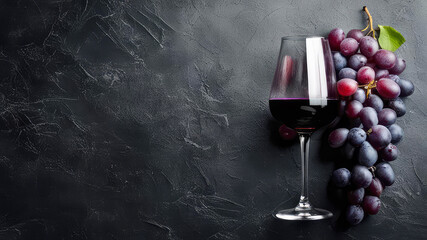 Glass of red wine and ripe vine grapes on dark stone background top view. Winery agriculture, grape harvest concept. Banner for design with copy space.
Generative AI