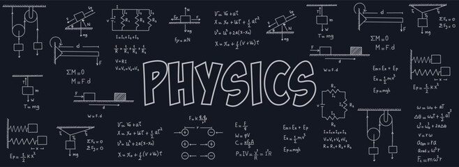 Notes on exercises, formulas and equations of physics, uniform rectilinear motion, statics, electromagnetism, electrical circuits, friction force, energy, angular velocity, with black background