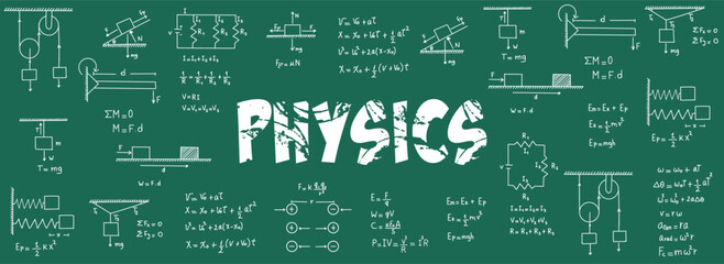 Notes on exercises, formulas and equations of physics, uniform rectilinear motion, statics, electromagnetism, electrical circuits, friction force, energy, angular velocity, with green slate background