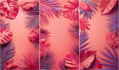 Set of 3 Facebook, Instagram backgrounds for stories, pink purple and peach tropical leaves frame.