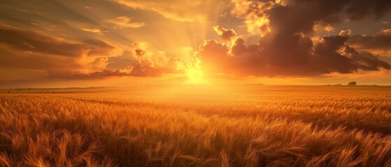 Sunset wheat field, epic scene