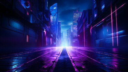 a dark city street with neon lights at night