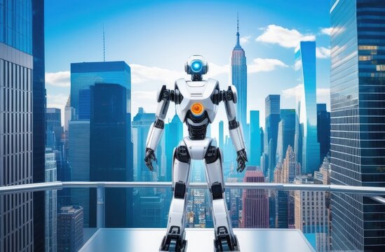 Robot stands against the background of the city. High-rise buildings, futuristic background.