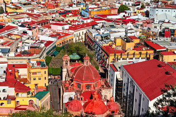 Aerial view of Guanajuato above San Diego de Alcala Temple in Mexico