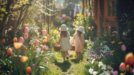 Little ones with Easter baskets, exploring a charming garden filled with whimsical decorations and...