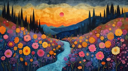 landscape with flowers, brisant colors