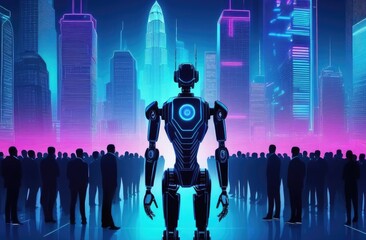 Robot stands against the background of the city. High-rise buildings and crowds of people. Futuristic background.