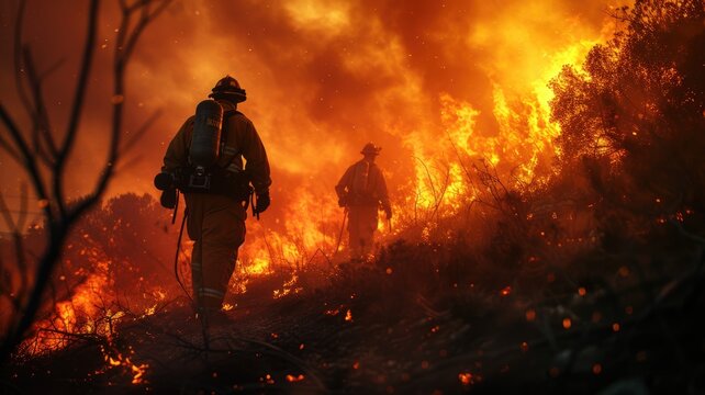 Firefighters standing forest fire 