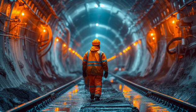 Subway construction concept. Rear view of metro builder worker in underground tunnel. 