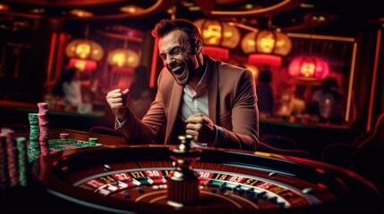 Obraz premium A man celebrating expression happy his good luck in the casino roulette