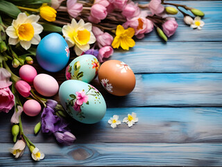 Naklejka premium Bright Easter eggs among daffodils and spring flowers on a rustic blue wooden table 
