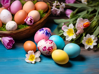 Fototapeta na wymiar Bright Easter eggs among daffodils and spring flowers on a rustic blue wooden table