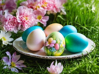 Bright Easter eggs on a plate among lush green grass and flowers.