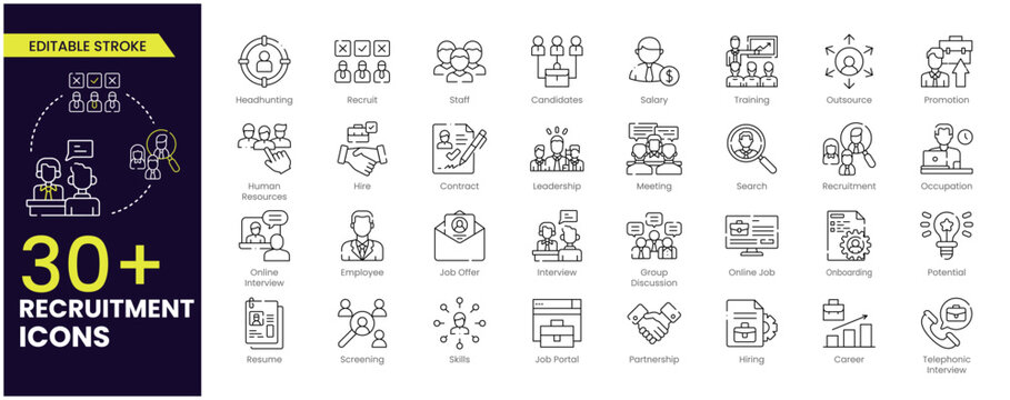 Recruitment Stroke icon set. Headhunting, career, resume, job hiring, candidate and human resource icons. Editable Outline icon collection.