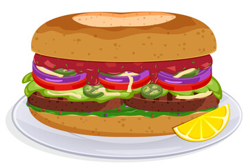 Mexican Tortas with Pollo Asada, Guacamole, and Chipotle Salsa - Vector Culinary Illustration