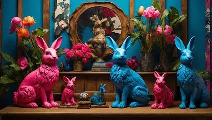 Kolorowe figurki królików w dekoracyjnej aranżacji wnętrza - obrazy, fototapety, plakaty