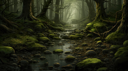 forest artwork with a small river