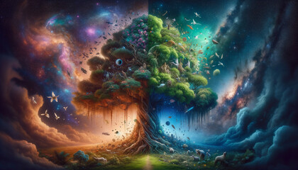 Fototapeta na wymiar Cosmic Reflection: Tree of Impact amidst a Surreal Dreamscape