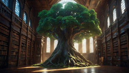Drzewo wiedzy rosnące w sercu biblioteki - obrazy, fototapety, plakaty