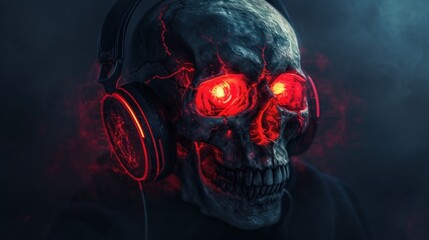 Concept of 3d skull head red eyes wearing headphones with empty space AI generated image - obrazy, fototapety, plakaty