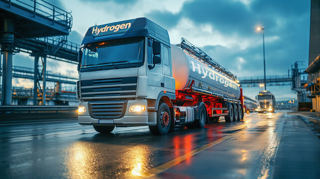 Unrecognisable truck with tank for delivering of hydrogen fuel. 