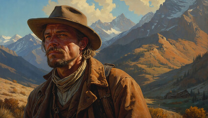 Portret kowboja na tle majestatycznych gór - obrazy, fototapety, plakaty