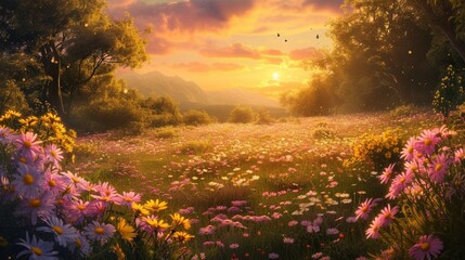 A high-definition image of a picturesque Easter sunrise, casting a warm glow over a tranquil meadow filled with blooming flowers