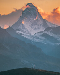 Close up view of the Matterhorn Mountain, Zermatt, Switzerland. Sunrise with Alpenglühen