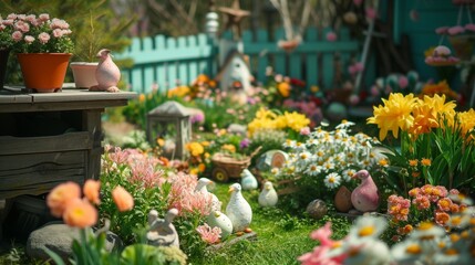 Fototapeta na wymiar A picturesque garden filled with blooming flowers and Easter decorations, creating a serene and festive atmosphere