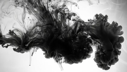 Abstract paint in water background. Black smoke cloud in motion on white