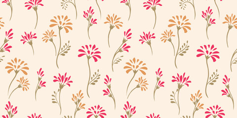 Abstract simple cute flowers and buds with drops, spots seamless pattern. Vector hand drawn sketch. Creative tiny floral stems on a light background. Template for design, textile, printing