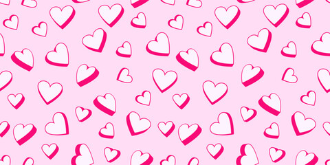 Pink seamless pattern with vibrant cute cartoon hearts. Vector hand drawn simple creative illustration heart. Valentine, love background. Design for textile, fashion, web, fabric, printing
